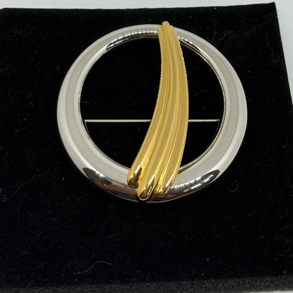 VINTAGE MONET Two Tone Gold Silver Circle Brooch Signed Modernist Pin 2.25in MCM